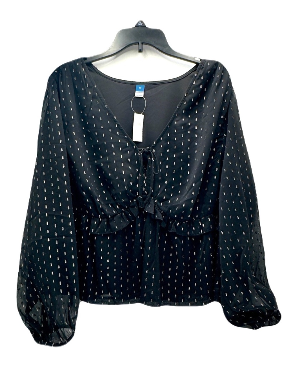 Old Navy Black Waist Defined Ruffle Trim Metallic Dot Shirt Blouse Size XXL